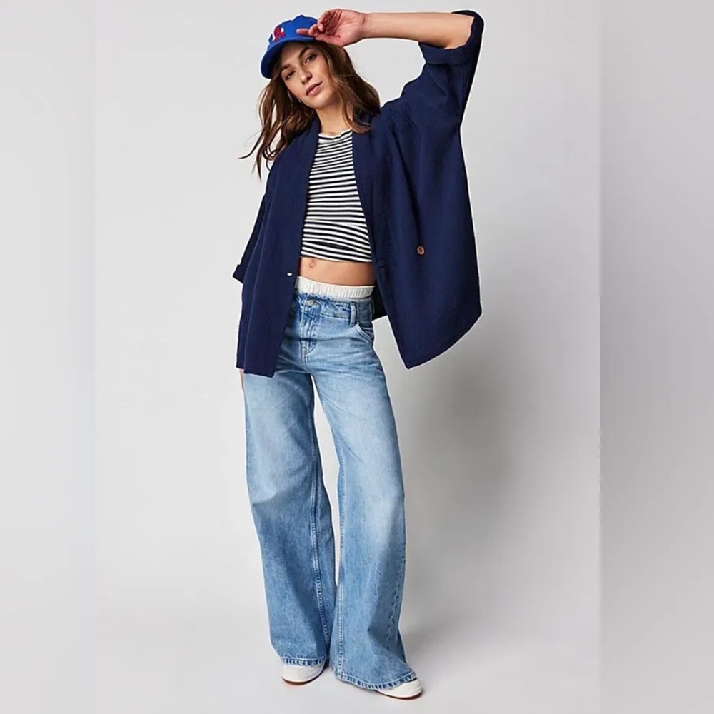 We The Free Lou Blazer Shirt Navy Blue Oversized Slouchy Cardigan Boho Cotton S - Picture 16 of 16
